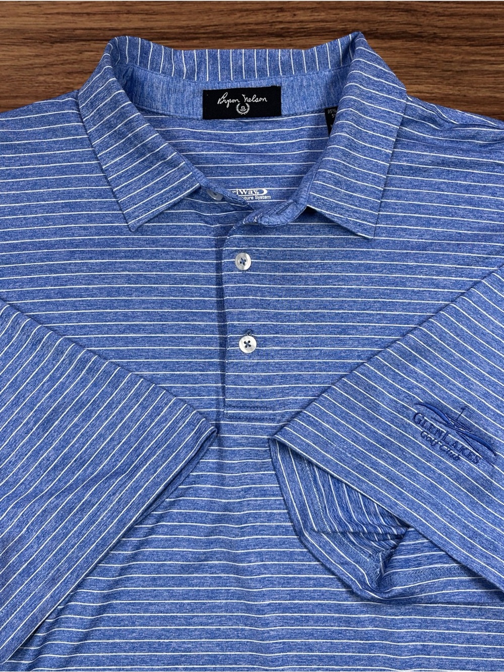 Bryson Nelson Blue with White Stripes Golf Polo with Golf Club Stitch Size X